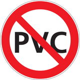 Symbol für PVC-freies Produkt, rote durchgestrichene Linie über den Buchstaben PVC, Vorderansicht