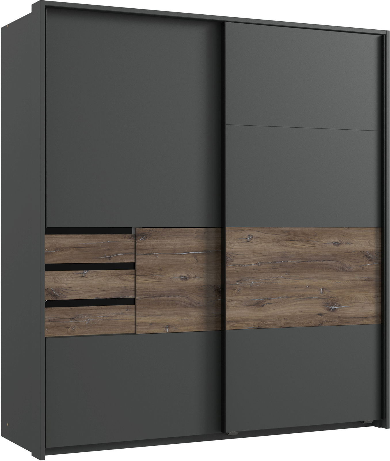 Z2 Schwebetürenschrank 2trg. BAMBERG Moderner Schwebetürenschrank mit zwei Türen in dunklem Grau und Holzoptik, Frontalansicht