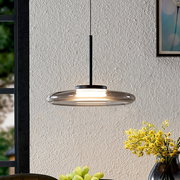 Moderne LED-Hängeleuchte mit rundem, transparentem Schirm, seitliche Perspektive