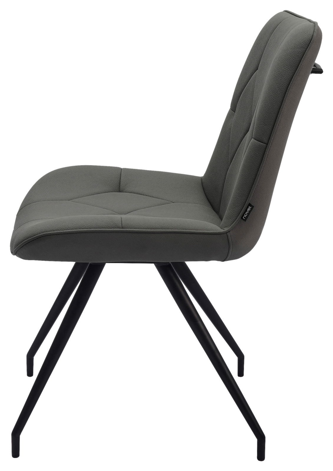 Moderner grauer Stuhl mit schwarzem Metallgestell, seitliche Perspektive