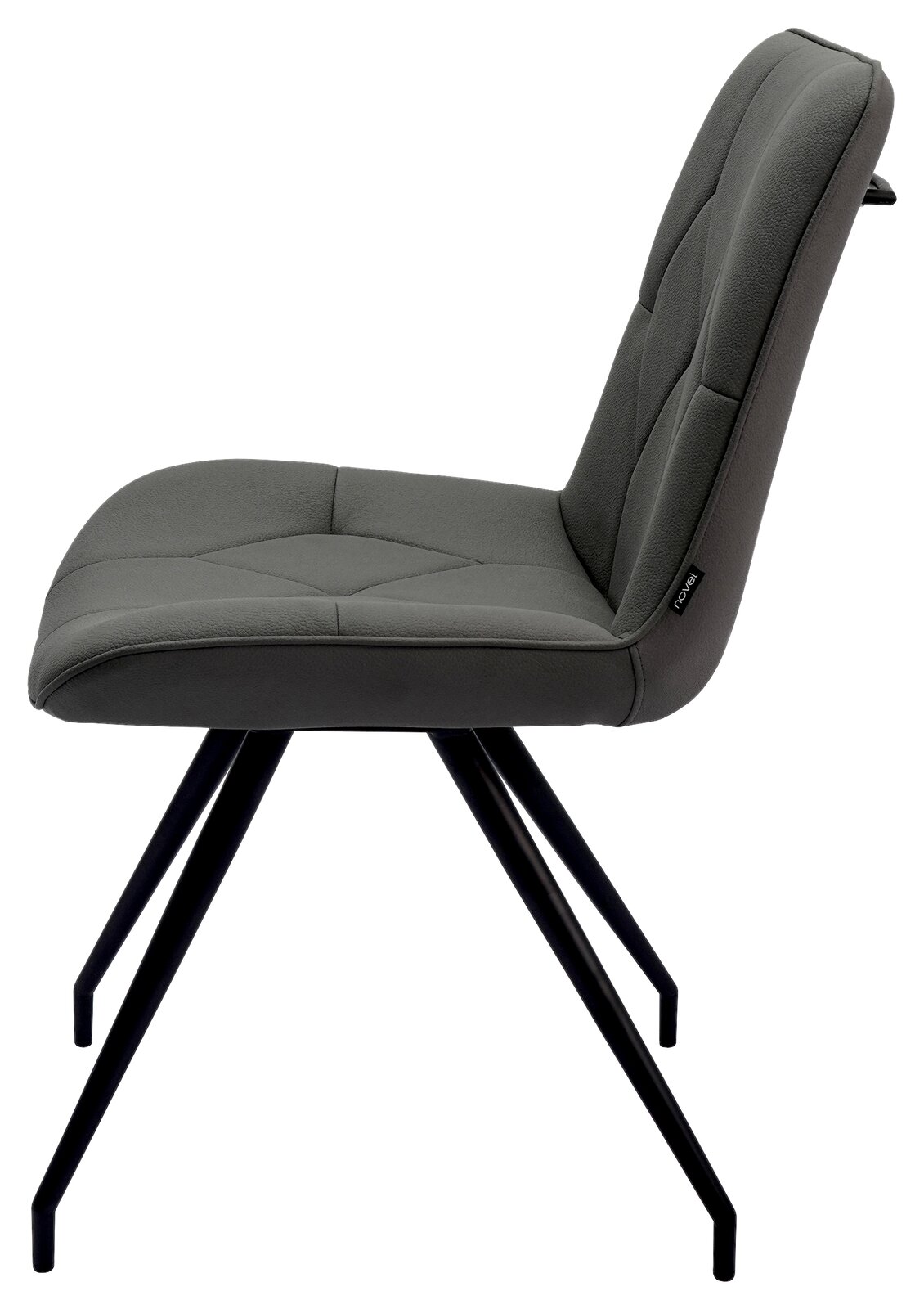Moderner grauer Stuhl mit schwarzem Metallgestell, seitliche Perspektive