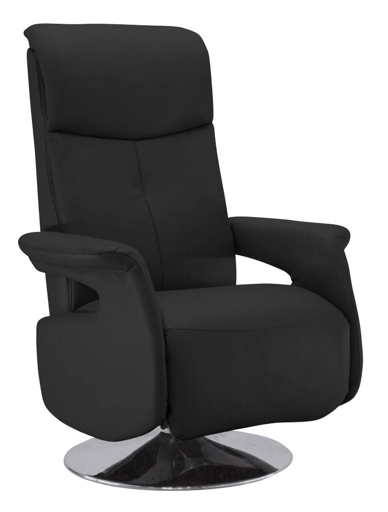 Schwarzer Fernsehsessel mit verchromtem Standfuß, seitliche Perspektive