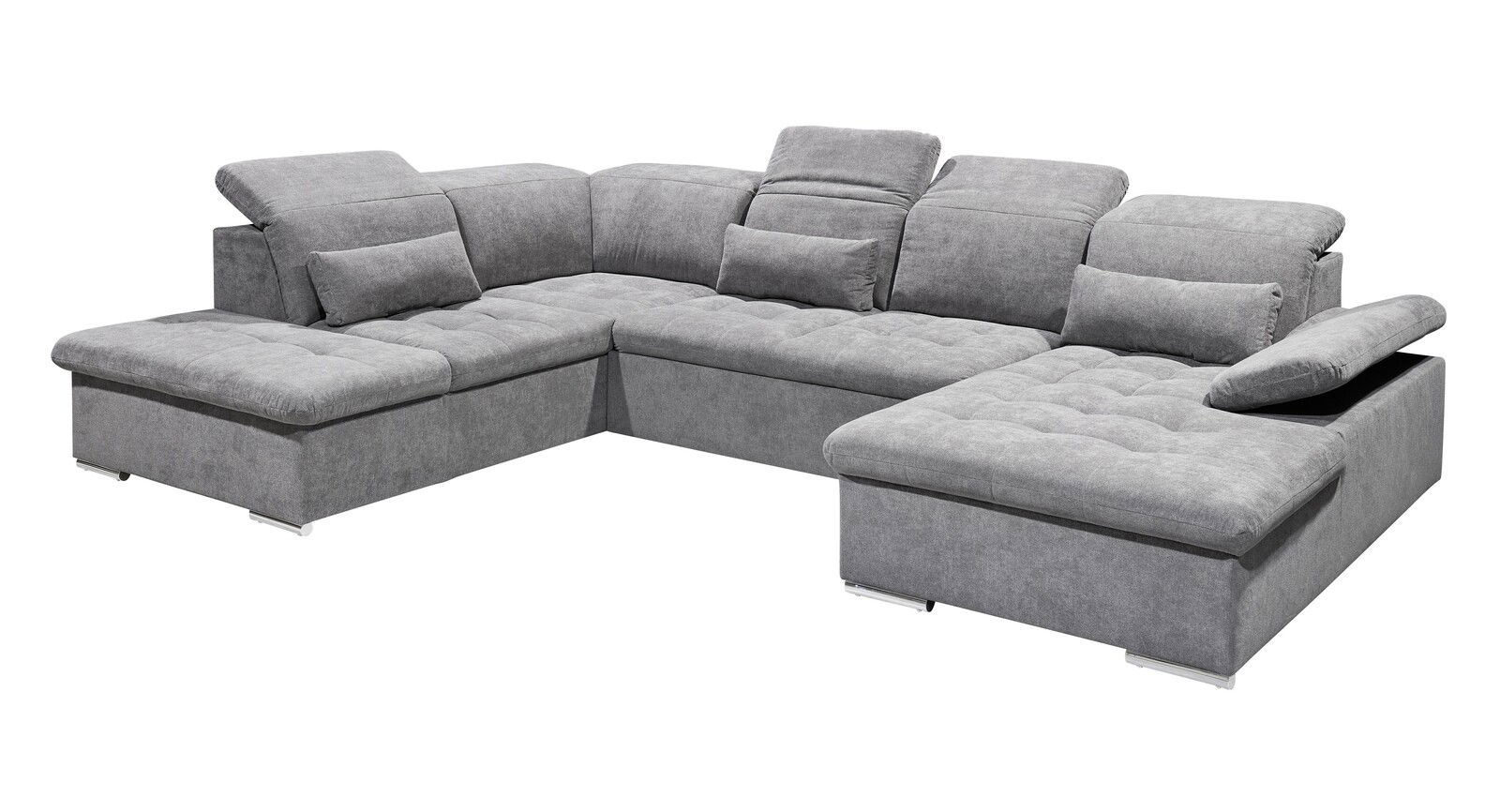 Graues Ecksofa in U-Form mit verstellbaren Kopfstützen und Kissen, Perspektive von vorne rechts