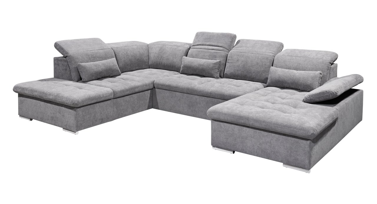 Graues Ecksofa in U-Form mit verstellbaren Kopfstützen und Kissen, Perspektive von vorne rechts