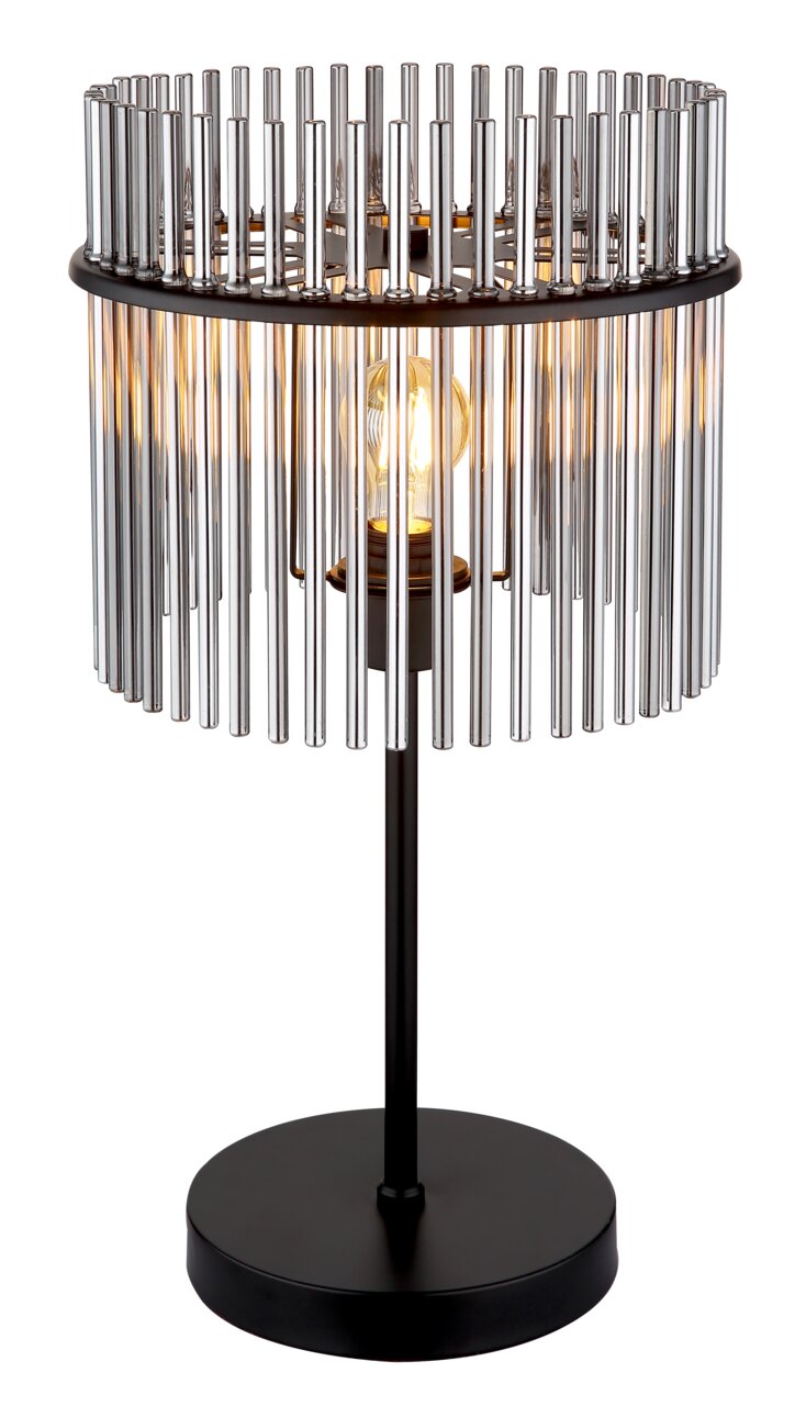 Moderne Tischleuchte GORLEY mit zylindrischem, metallischem Schirm und sichtbarer Glühbirne, seitliche Perspektive