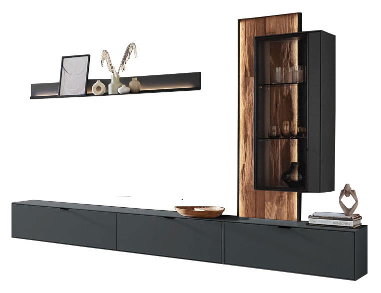 Moderne Wandkombination mit schwarzem Unterschrank, hölzernem Hintergrund und Glasvitrine, seitliche Perspektive