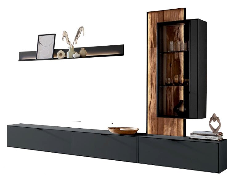 Moderne wandcombinatie met zwarte onderkast, houten achterwand en glazen vitrinekast, zijaanzicht