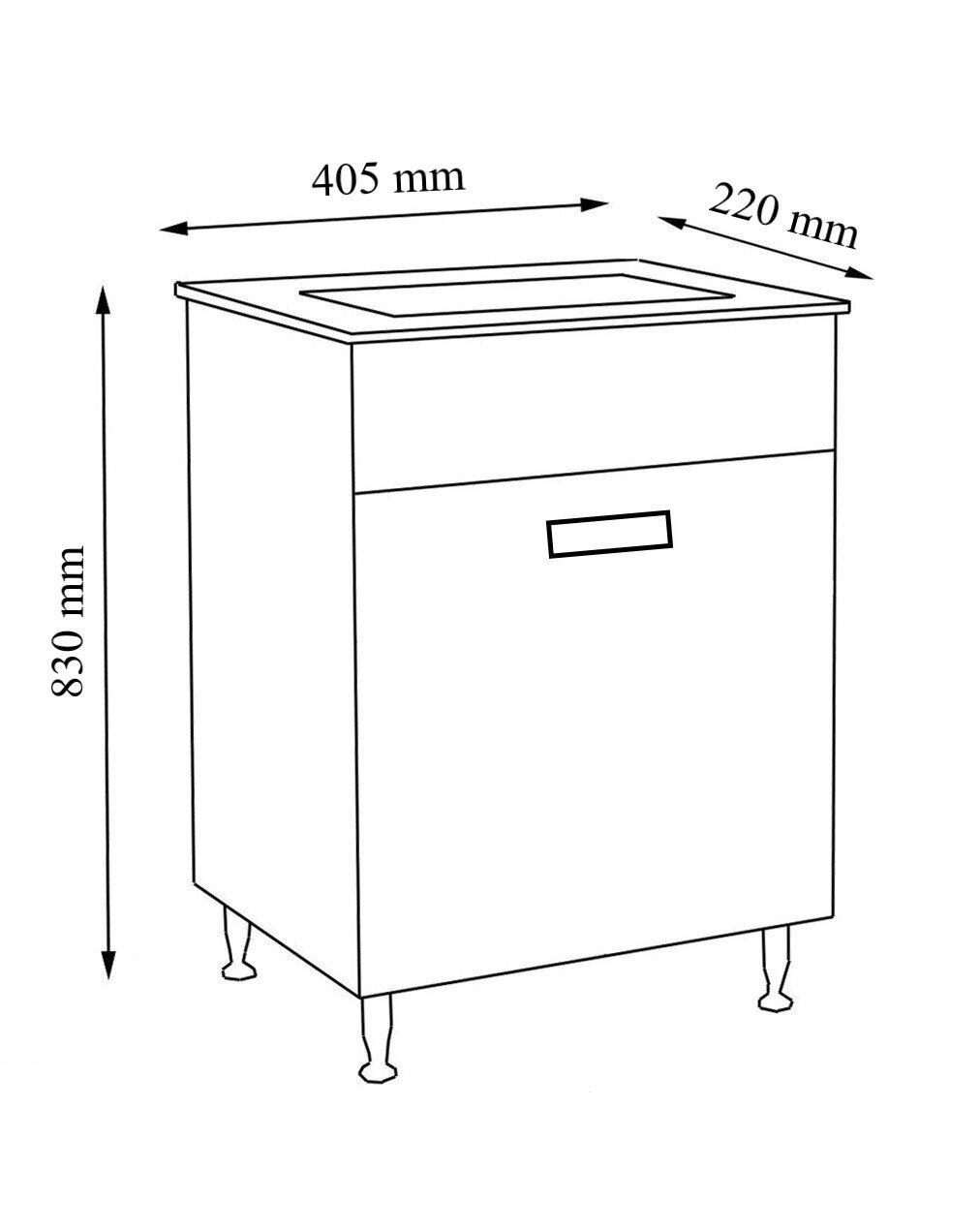 Technische Skizze eines schmalen Badezimmer-Unterschranks mit Ausschnitt oben und Griff, Maße 405 × 220 × 830 mm, perspektivische Ansicht von vorne links.