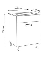 Technische Skizze eines schmalen Badezimmer-Unterschranks mit Ausschnitt oben und Griff, Maße 405 × 220 × 830 mm, perspektivische Ansicht von vorne links.