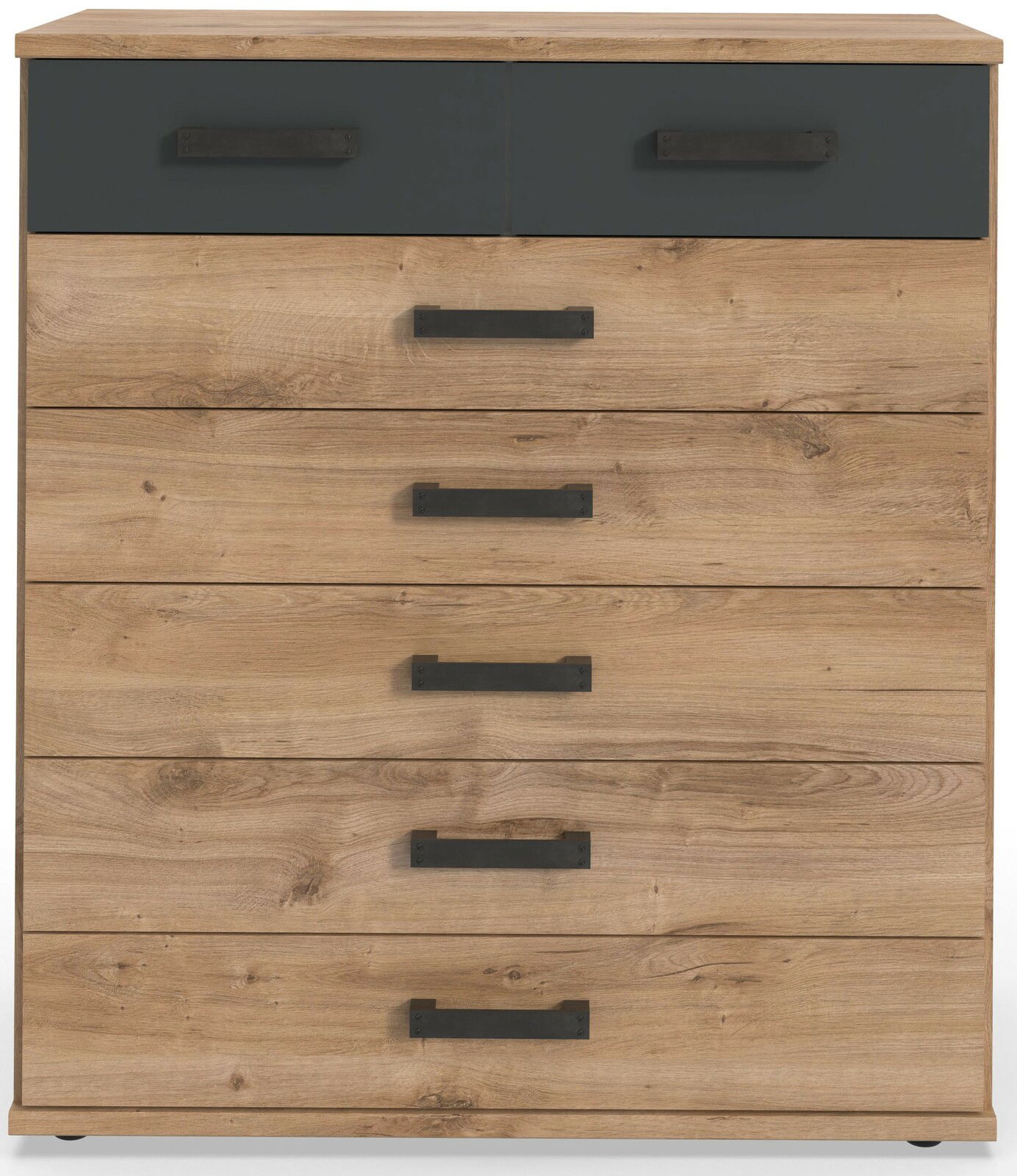 Kommode aus Holz mit sechs Schubladen, davon zwei in dunkler Farbe, frontal abgebildet
