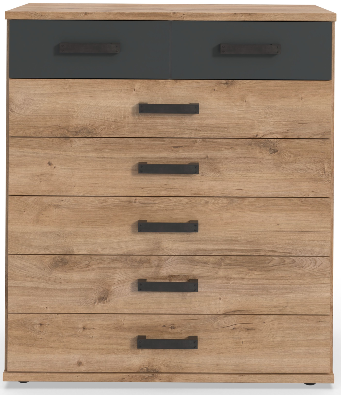 Kommode aus Holz mit sechs Schubladen, davon zwei in dunkler Farbe, frontal abgebildet