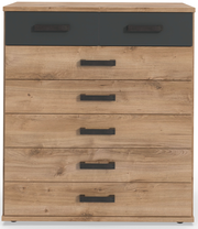 Kommode aus Holz mit sechs Schubladen, davon zwei in dunkler Farbe, frontal abgebildet