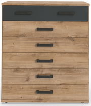 Kommode aus Holz mit sechs Schubladen, davon zwei in dunkler Farbe, frontal abgebildet