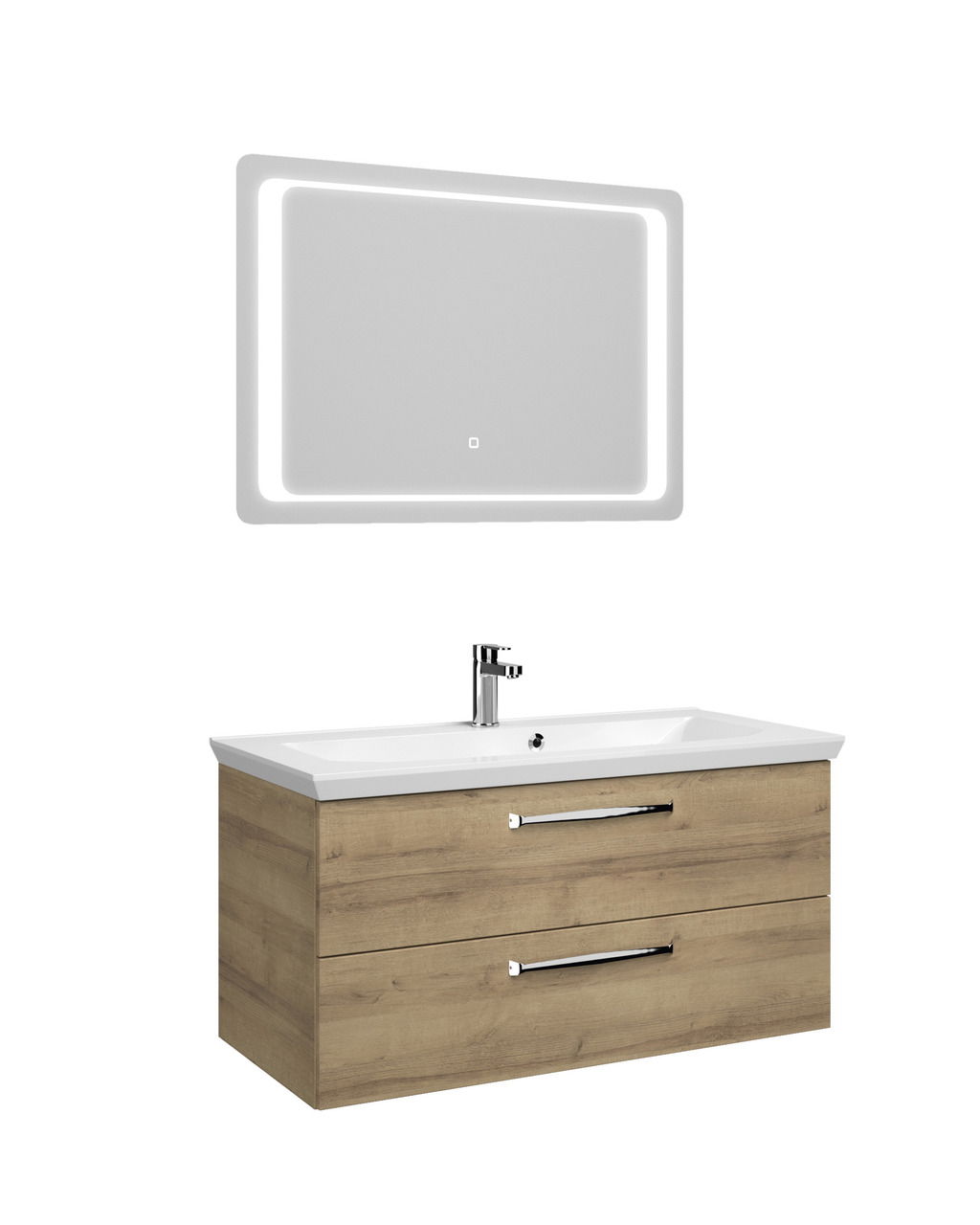 Moderner Badblock mit Holzoptik und zwei Schubladen, kombiniert mit einem rechteckigen Spiegel mit LED-Beleuchtung, seitliche Perspektive