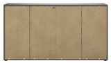 Frontansicht eines XL-Sideboards mit vier Türen in Holzoptik und grauem Rahmen.