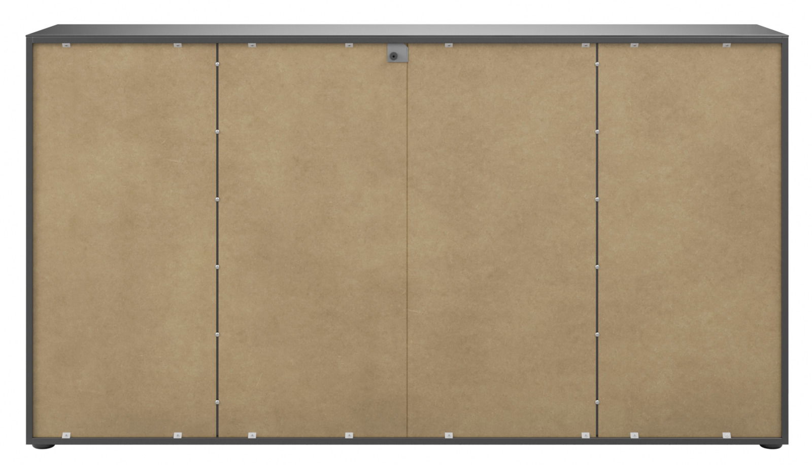 Frontansicht eines XL-Sideboards mit vier Türen in Holzoptik und grauem Rahmen.