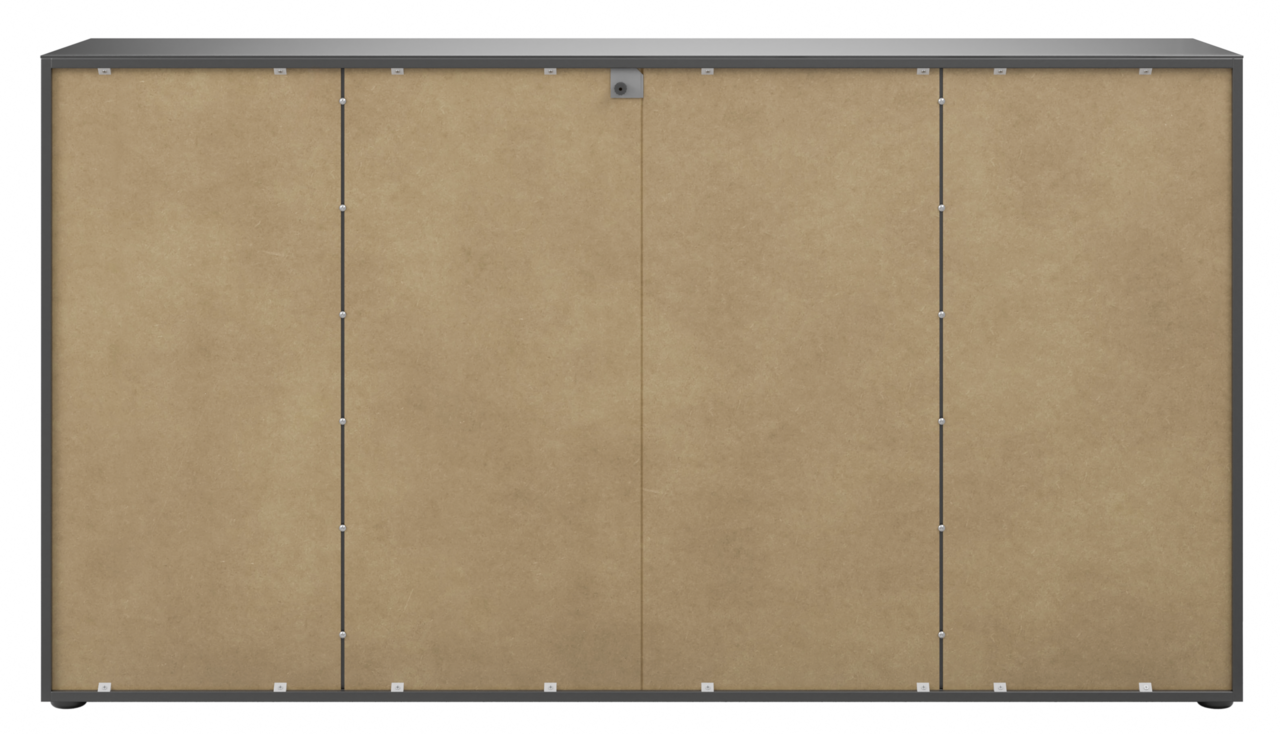 Frontansicht eines XL-Sideboards mit vier Türen in Holzoptik und grauem Rahmen.
