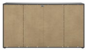 Frontansicht eines XL-Sideboards mit vier Türen in Holzoptik und grauem Rahmen.