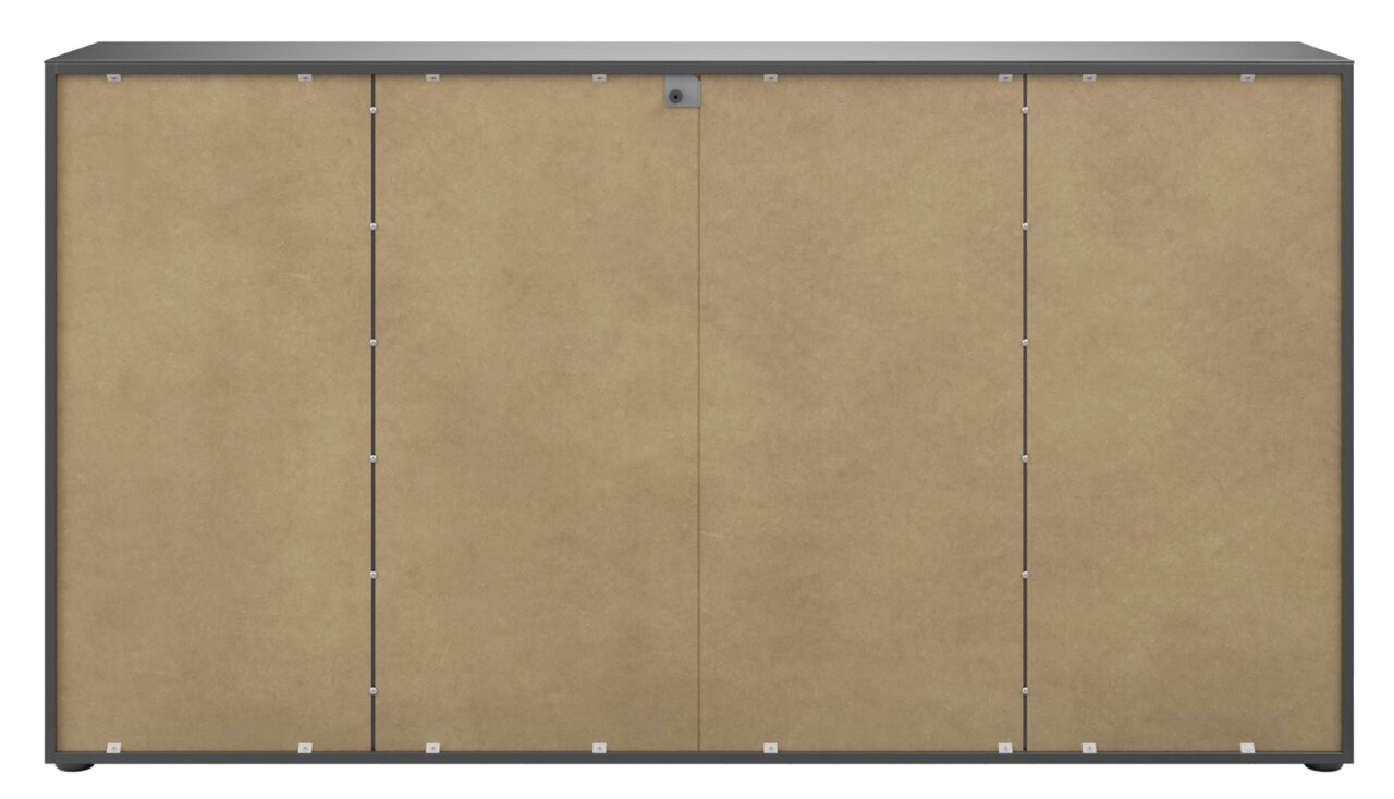 Vooraanzicht van een XL-dressoir met vier deuren in houtlook en een grijs frame.