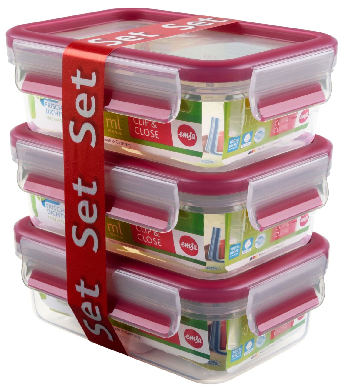 Dreiteiliges Set von CLIP&CLOSE Frischhaltedosen mit rotem Deckel, gestapelt und mit rotem Band umwickelt, seitliche Perspektive