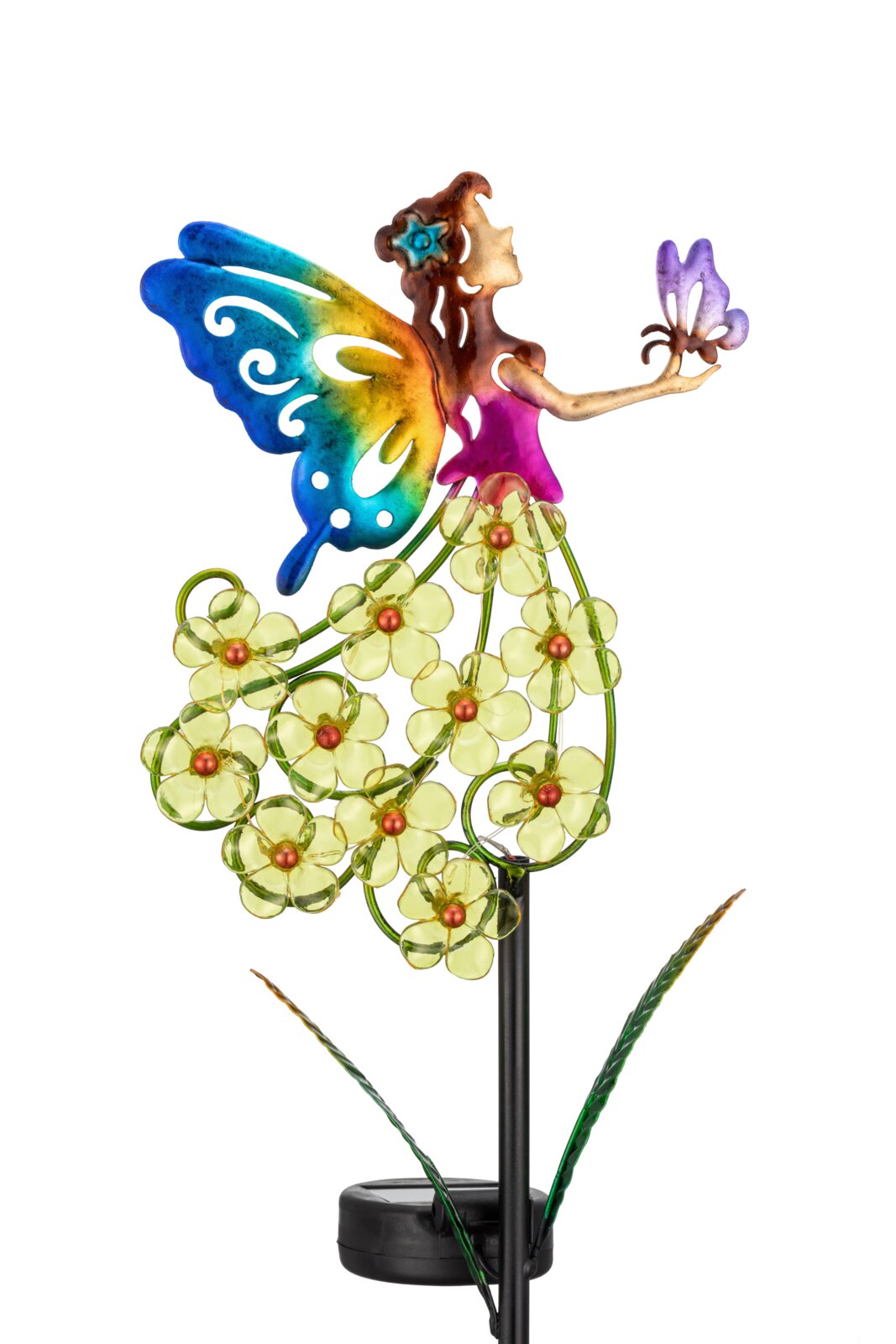 Kleurrijke zonne-lamp in de vorm van een fee met een vlinder, omringd door gele bloemen, zijaanzicht