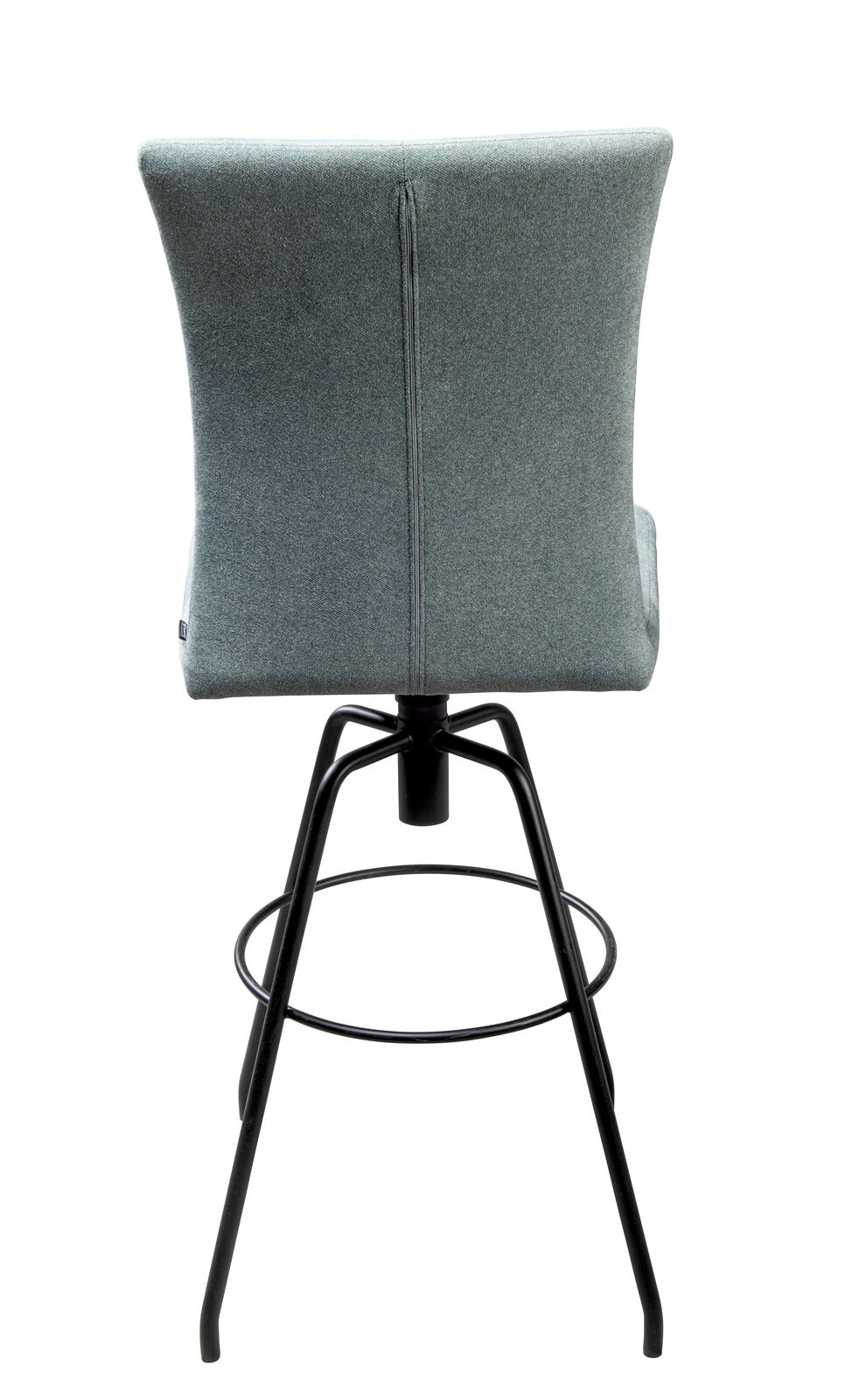 Rückansicht eines modernen Barhockers mit gepolsterter Rückenlehne und schwarzem Metallgestell.