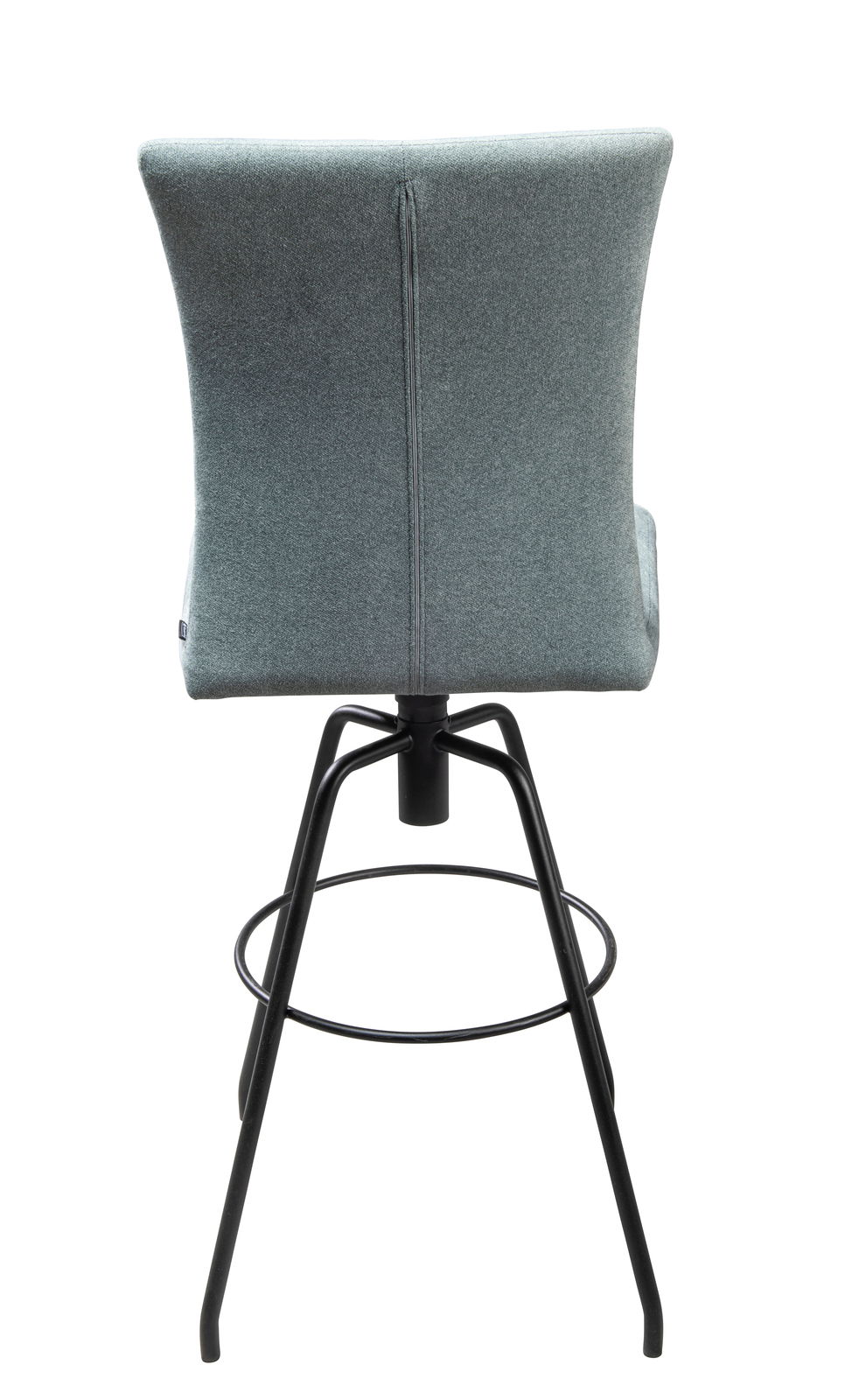 Rückansicht eines modernen Barhockers mit gepolsterter Rückenlehne und schwarzem Metallgestell.