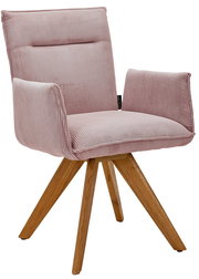 Rosa Armlehnstuhl mit Holzbeinen, seitliche Perspektive