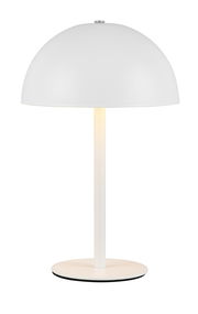 Weiße Akku-Tischleuchte MUNOZ von Reality Leuchten, frontal abgebildet mit rundem Schirm und schlankem Standfuß.