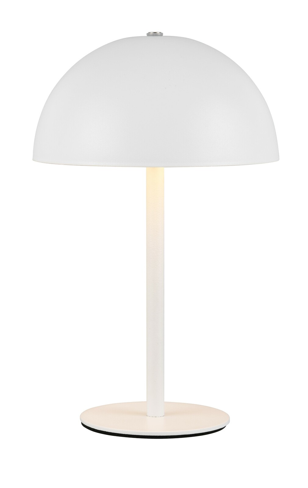 Weiße Akku-Tischleuchte MUNOZ von Reality Leuchten, frontal abgebildet mit rundem Schirm und schlankem Standfuß.