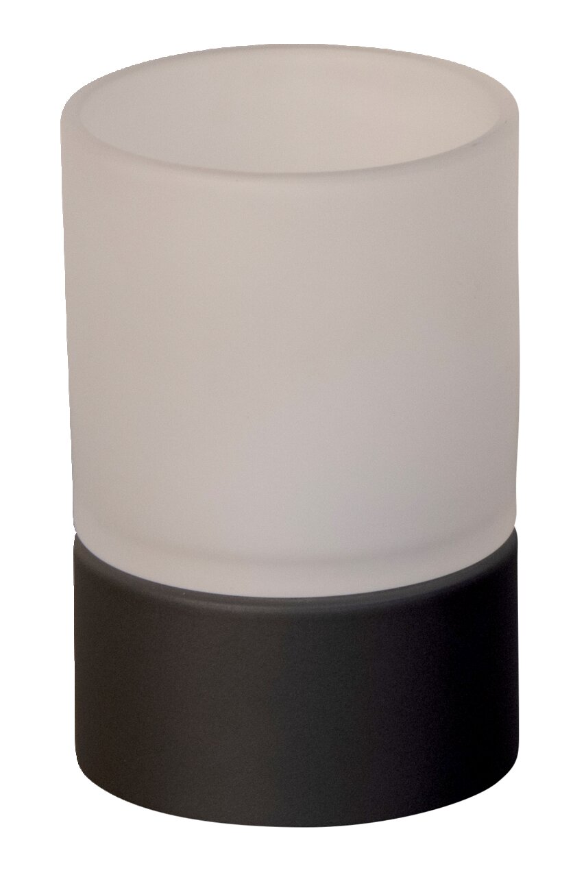 Akku-Windlicht in zylindrischer Form mit mattem Glas und dunklem Sockel, seitliche Ansicht