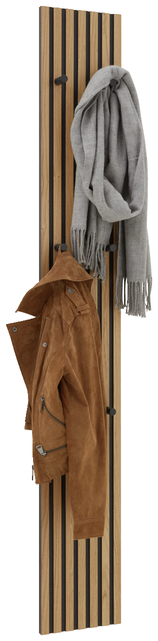 Holz-Paneel-Leiste mit schwarzen Haken, frontal betrachtet, mit einer braunen Jacke und einem grauen Schal aufgehängt.