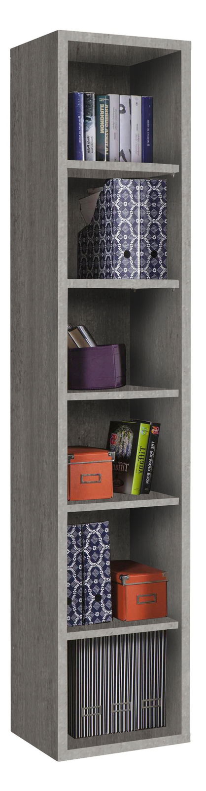 Hohes, schmales Regal mit fünf Fächern, gefüllt mit Büchern, Ordnern und Boxen, aus grauem Holz, seitliche Perspektive.