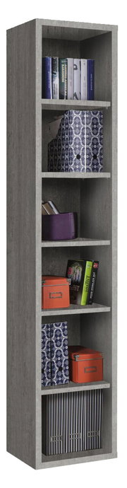 Hohes, schmales Regal mit fünf Fächern, gefüllt mit Büchern, Ordnern und Boxen, aus grauem Holz, seitliche Perspektive.