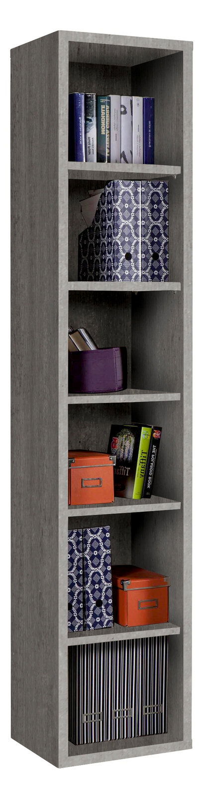 Hohes, schmales Regal mit fünf Fächern, gefüllt mit Büchern, Ordnern und Boxen, aus grauem Holz, seitliche Perspektive.