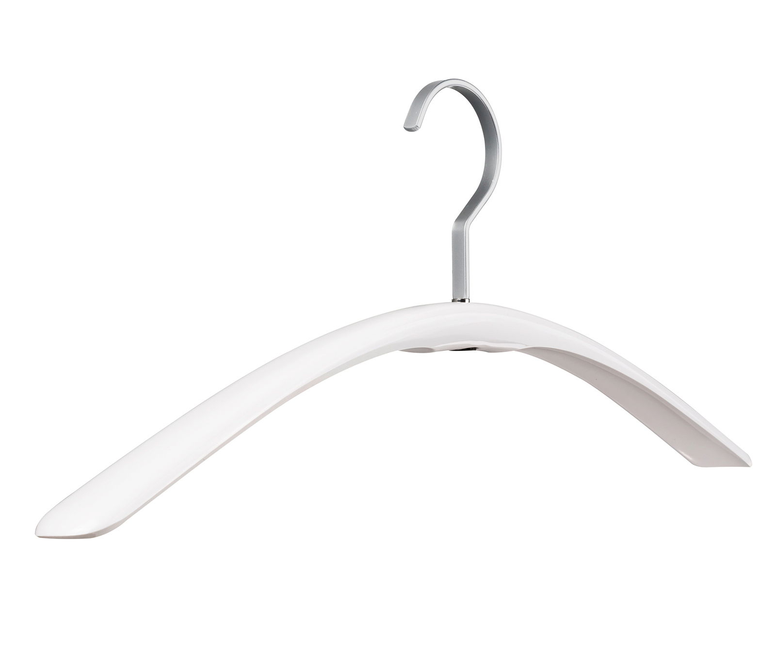 Weißer Garderobenbügel mit silbernem Haken, seitliche Perspektive