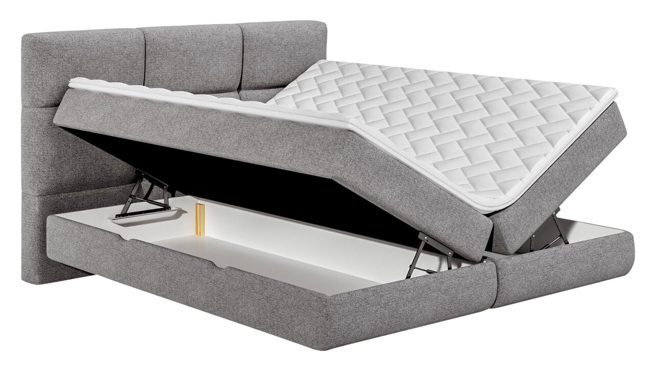 Grijs boxspringbed met opklapbaar matras en opbergruimte, zijaanzicht