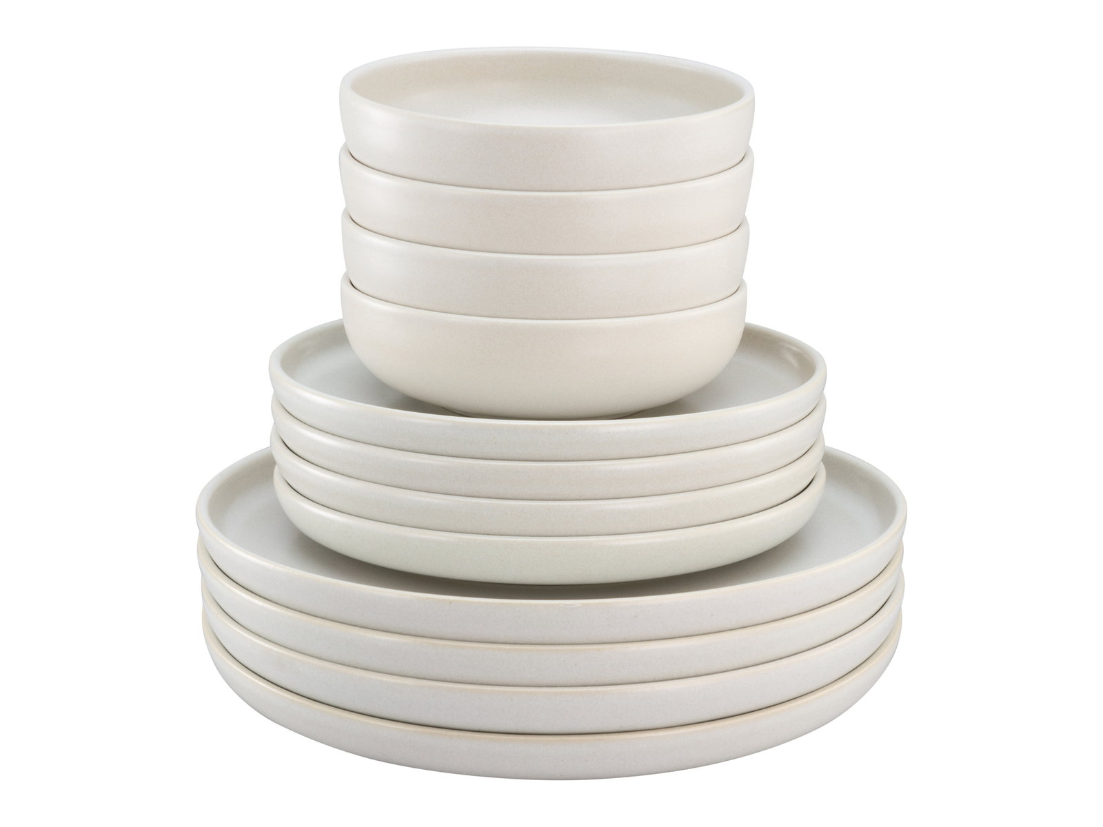 Stapel von weißen Tellern und Schalen aus einem 12-teiligen Tellerset, seitliche Perspektive