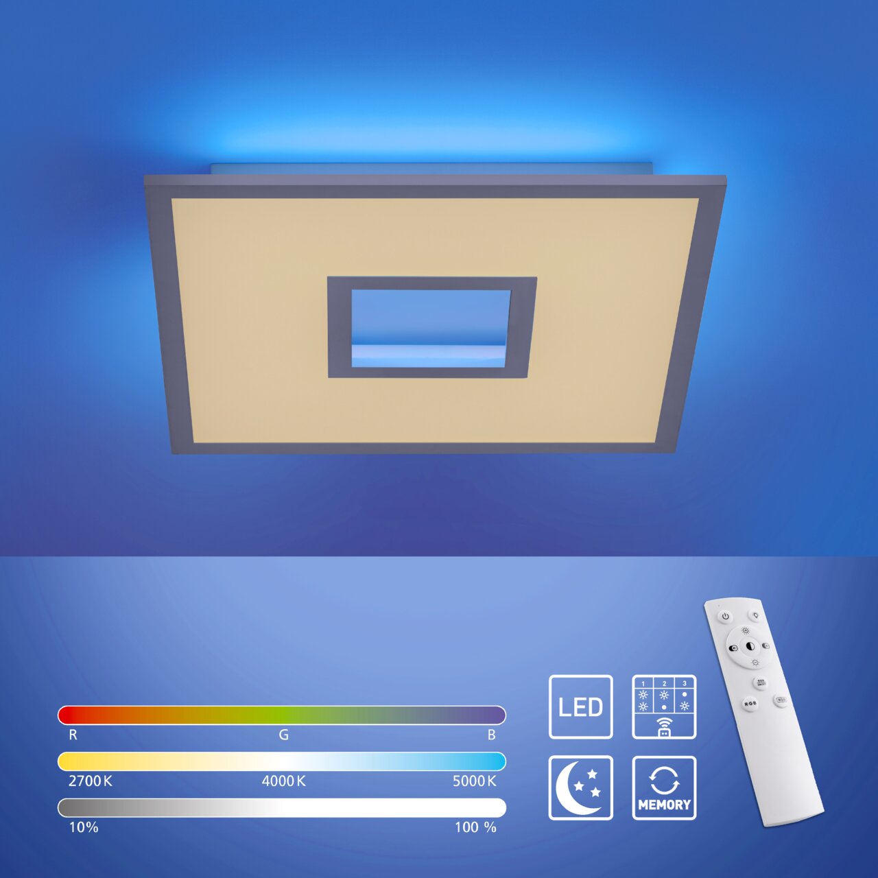 Moderne witte plafondlamp RECESS met afstandsbediening, led-technologie en instelbare kleurtemperatuur, gezien van onderaf.