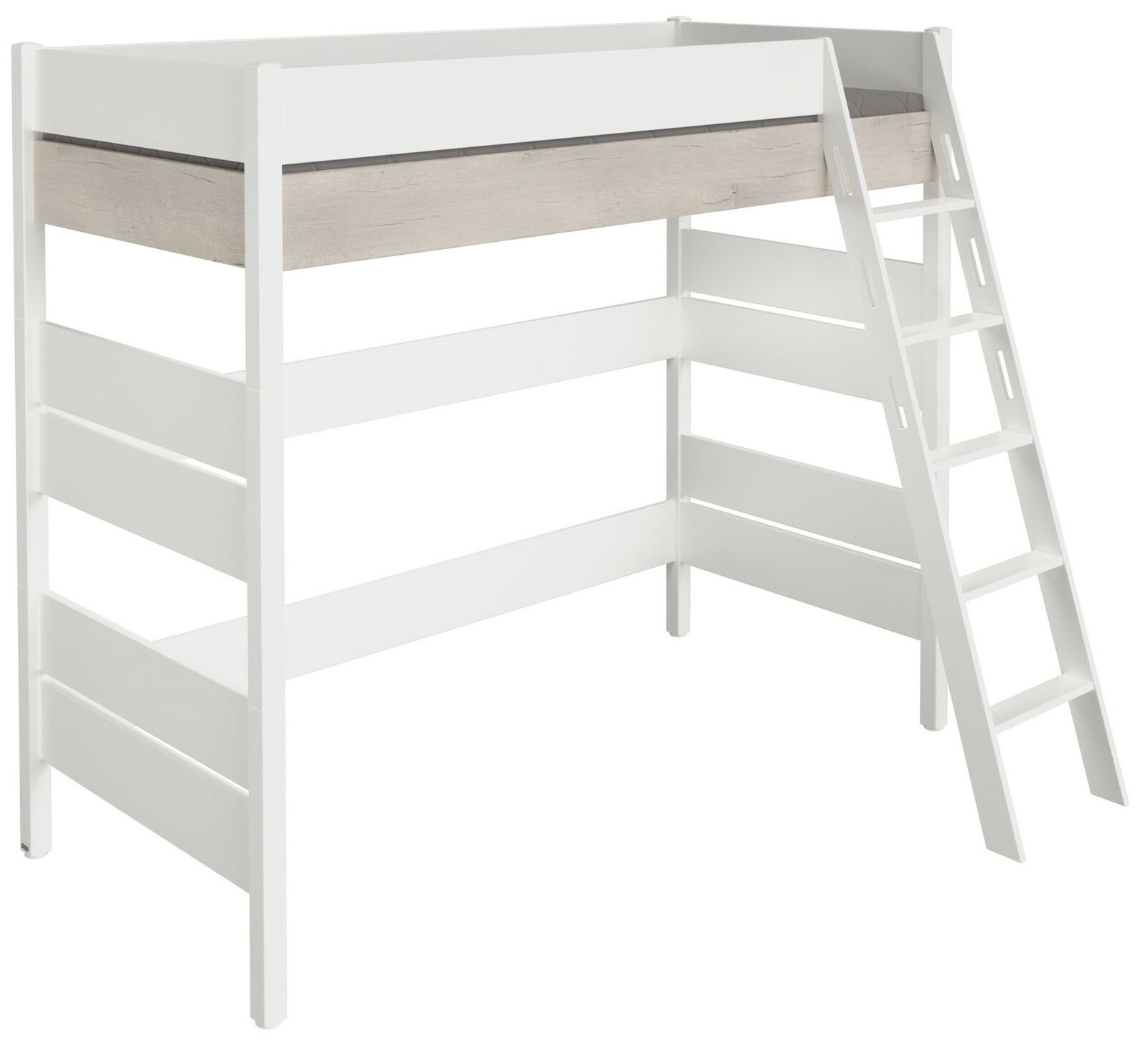 Paidi Hochbett KIRA Hochbett aus weißem Holz mit integrierter Leiter, seitliche Perspektive