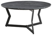 Runder Couchtisch mit schwarzer Marmoroptik und modernem Metallgestell, seitliche Perspektive