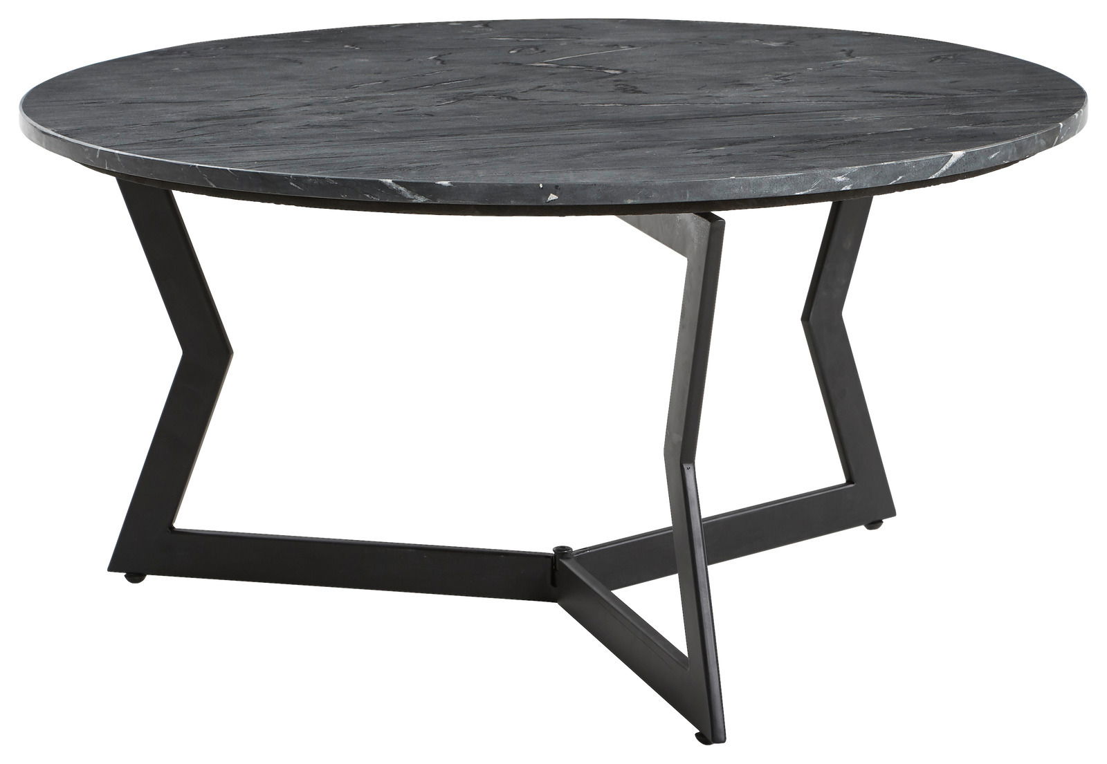 Runder Couchtisch mit schwarzer Marmoroptik und modernem Metallgestell, seitliche Perspektive