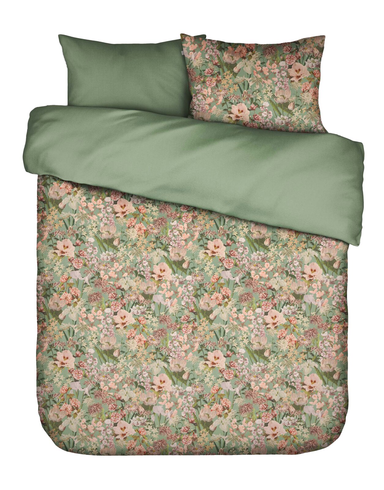 Bettwäsche-Set 155x220 cm mit floralem Muster in Grün- und Pastelltönen, Ansicht von oben