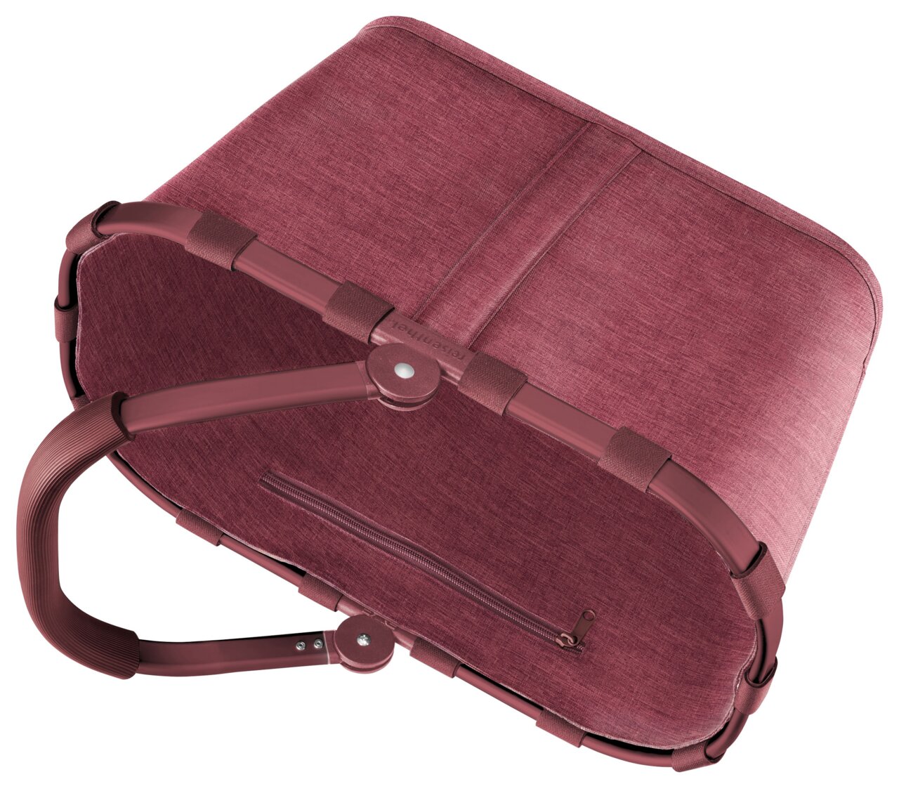 Rote Einkaufstasche aus Stoff mit stabilen Griffen, von unten betrachtet.