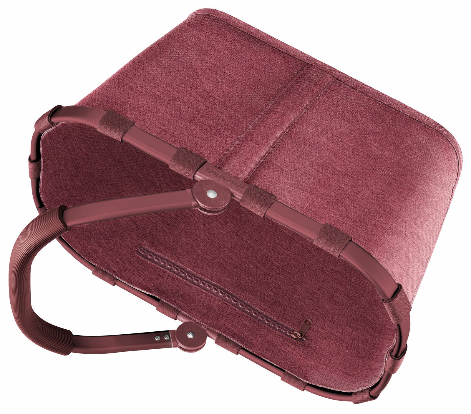 Rote Einkaufstasche aus Stoff mit stabilen Griffen, von unten betrachtet.