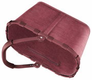 Rote Einkaufstasche aus Stoff mit stabilen Griffen, von unten betrachtet.