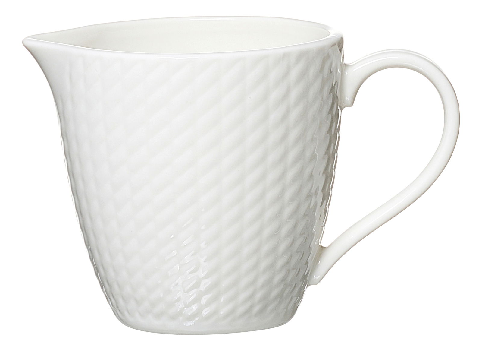 Weißes Milchkännchen mit strukturiertem Muster, seitliche Ansicht