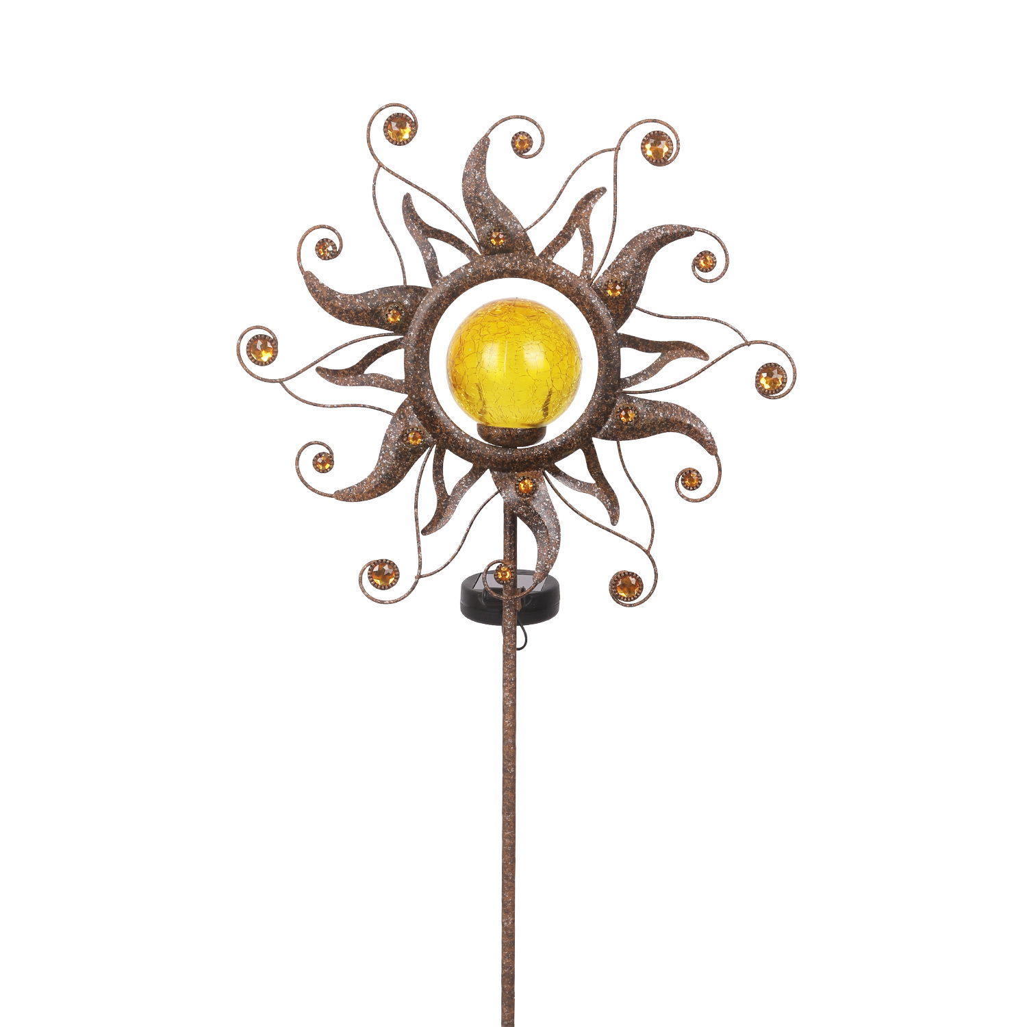 Dekorative Solarleuchte in Sonnenform mit gelber Glaskugel, Frontalansicht