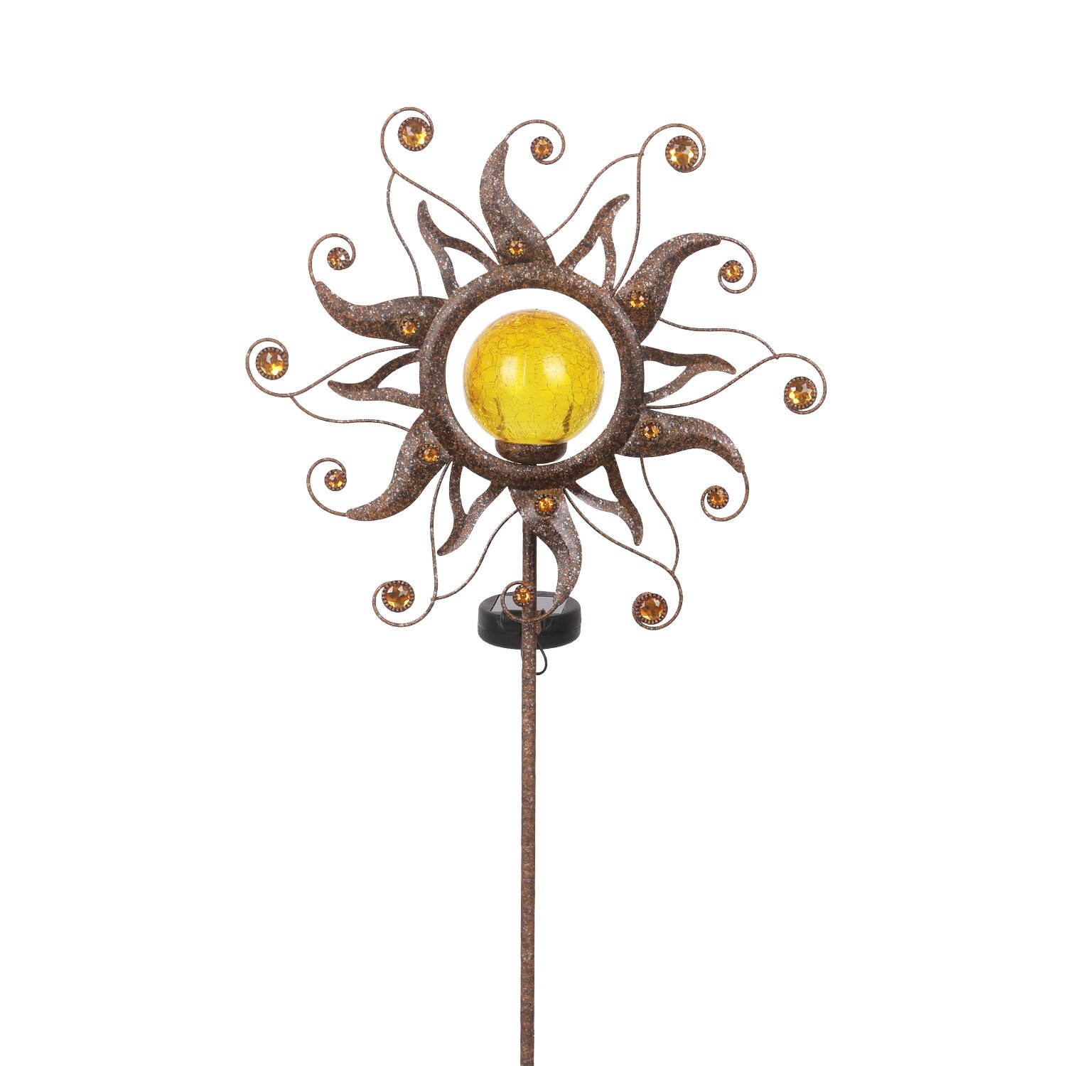 Decoratieve zonne-lamp in de vorm van een zon met een gele glazen bol, vooraanzicht
