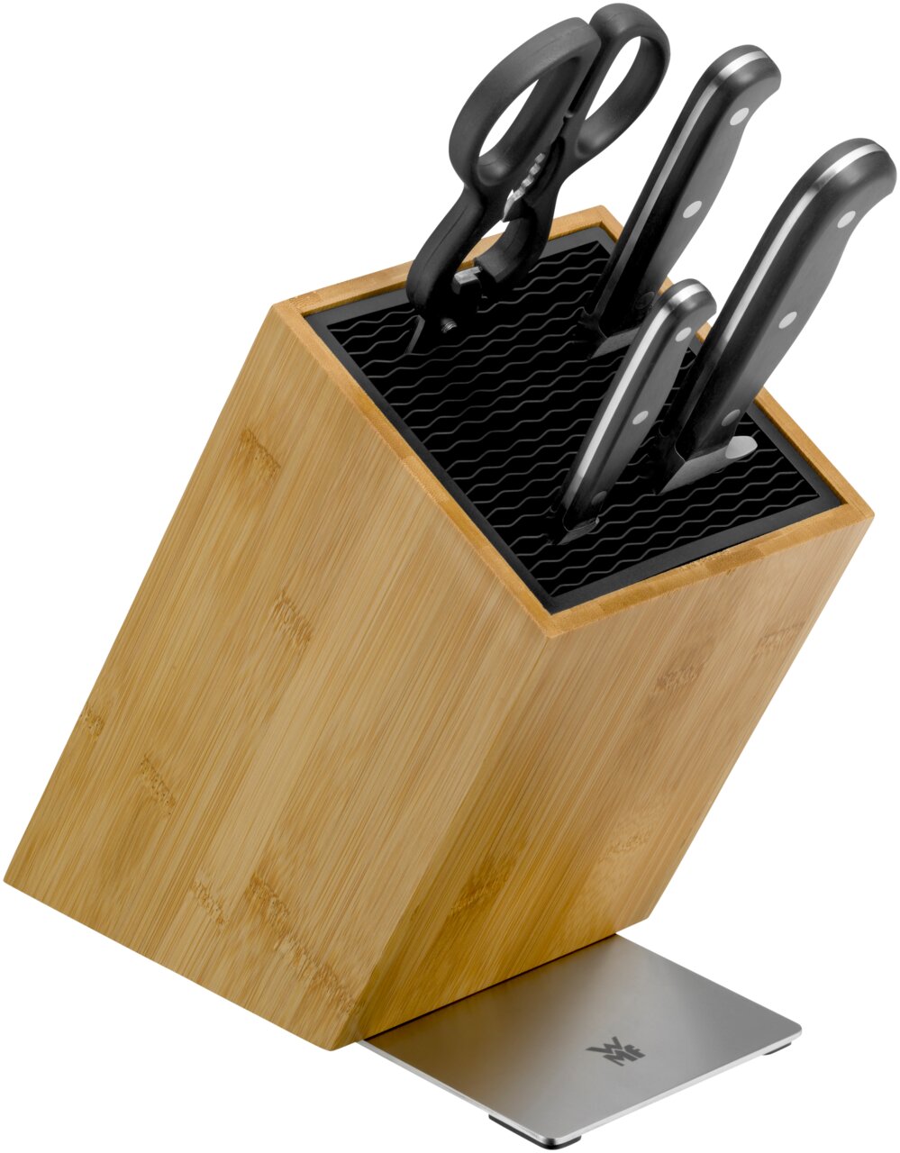 Messerblock aus Holz mit drei Messern und einer Schere, seitliche Perspektive